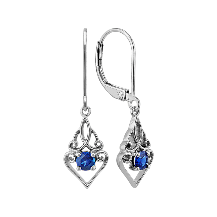 Round Traditional Natural Sapphire Swirl Dangle Earrings in Sterling Silver