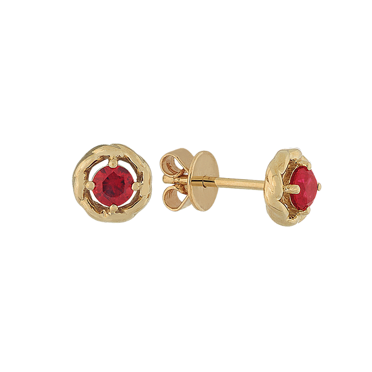 Natural Ruby Halo Earrings in 14K Yellow Gold