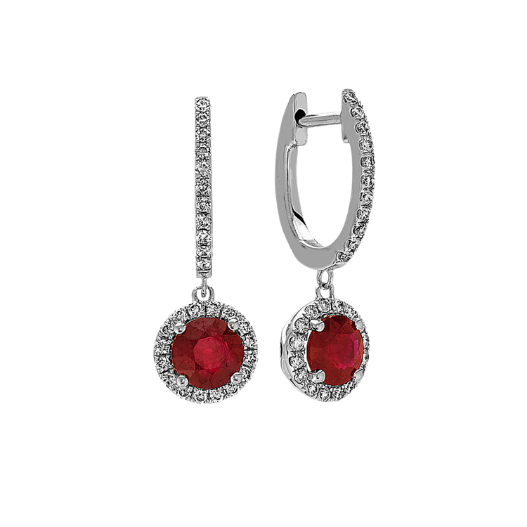 Natural Ruby and Natural Diamond Dangle Earrings in 14k White Gold