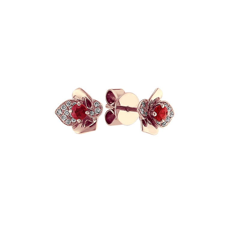 Natural Ruby and Natural Diamond Flower Earrings in 14k Rose Gold