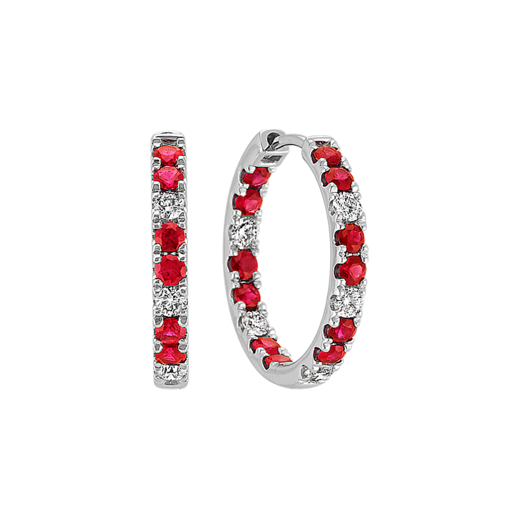 Natural Ruby and Natural Diamond Hoop Earrings in 14k White Gold