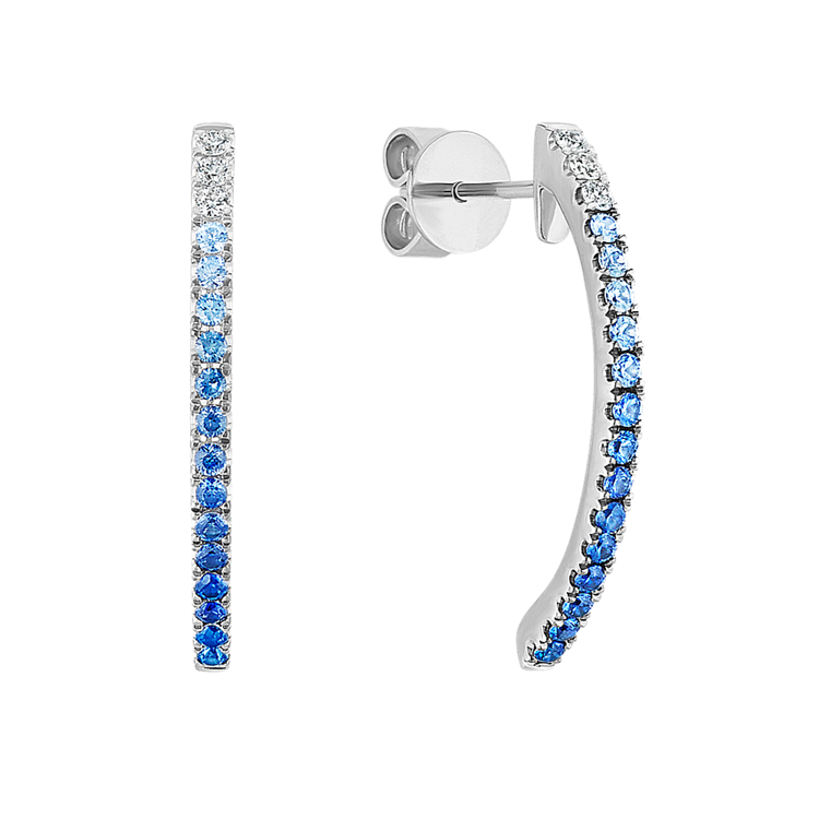 Natural Sapphire and Natural Diamond Curved Bar Earrings in 14k White Gold