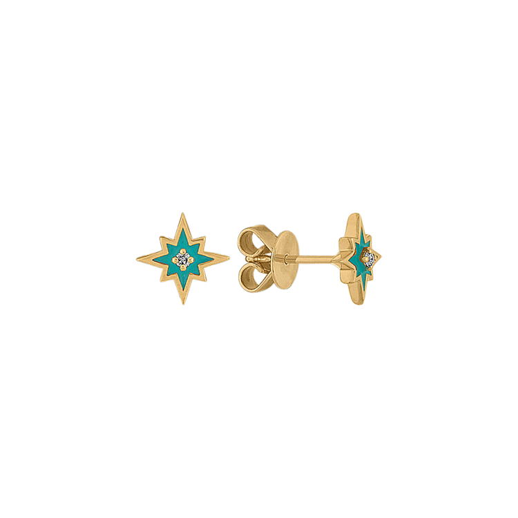 Turquoise Enamel and Natural Diamond Star Earrings in 14K Yellow Gold