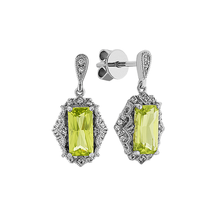 Vintage Green Natural Peridot and White Natural Sapphire Earrings