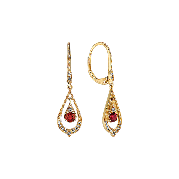 Vintage Natural Ruby and Natural Diamond Earrings in 14k Yellow Gold