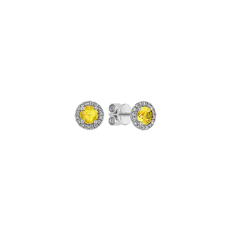 Yellow Natural Sapphire and Natural Diamond Halo Earrings