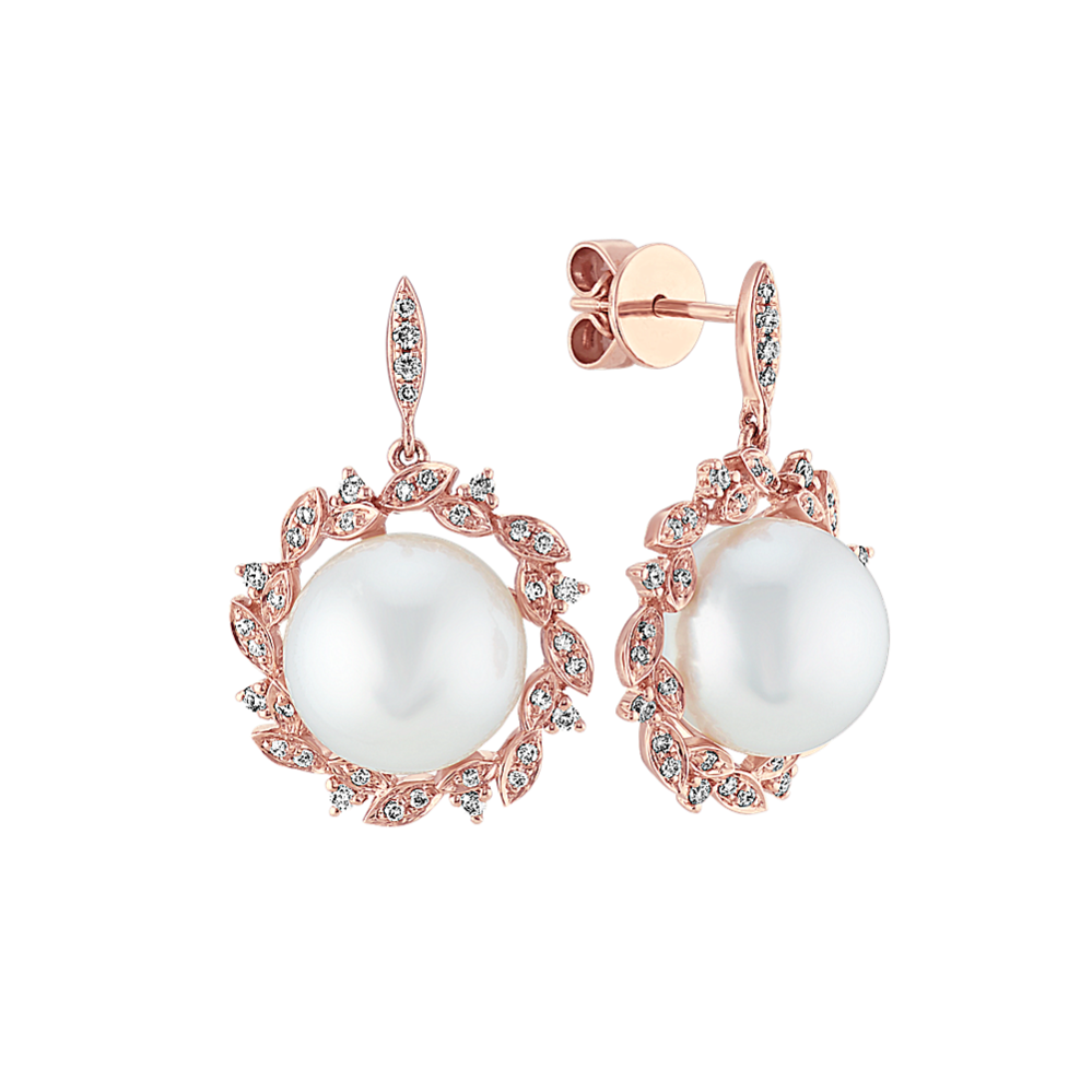 10mm South Sea Cultured Pearl and Diamond Dangle Earrings