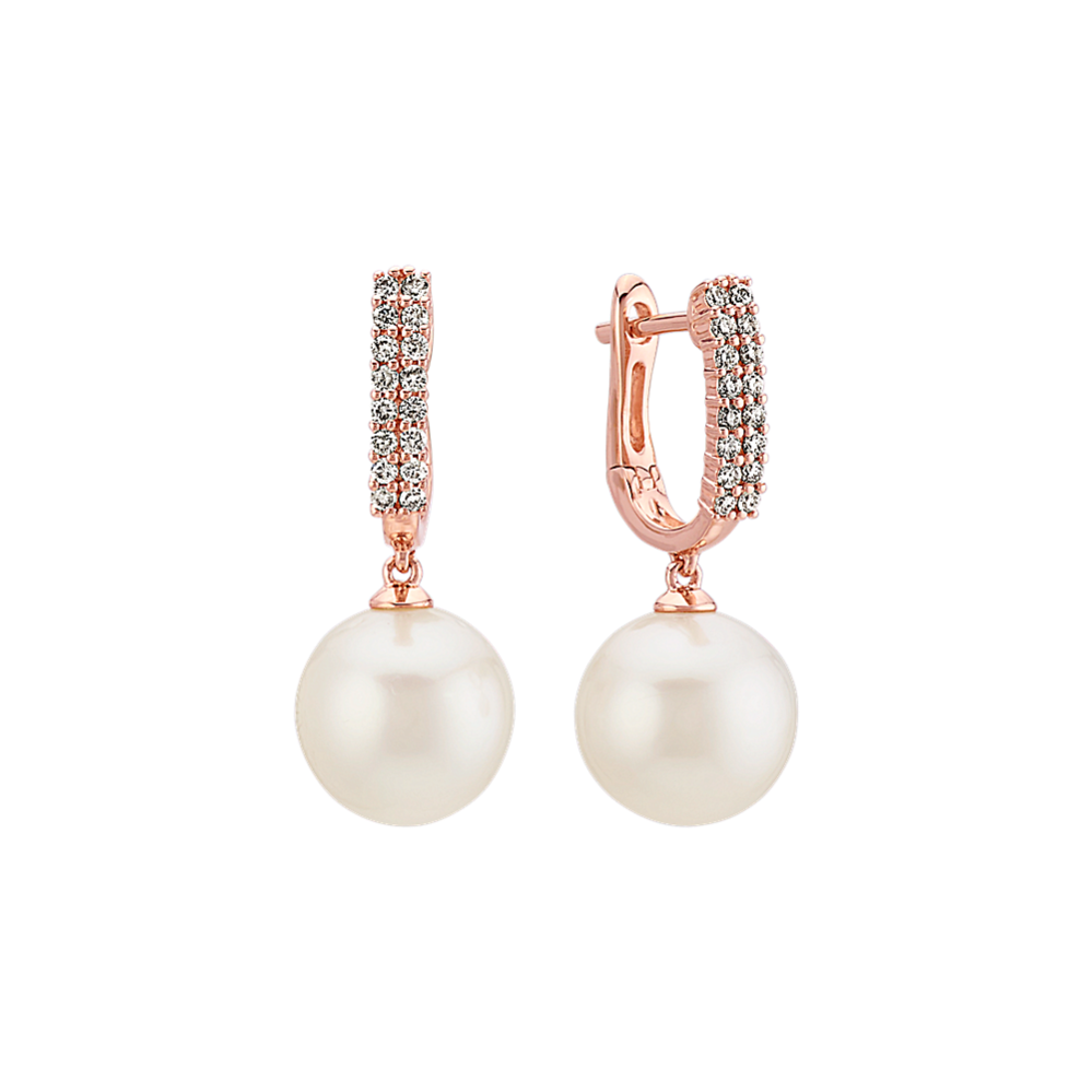 10mm South Sea Cultured Pearl and Round Diamond Earrings in 14k Rose Gold