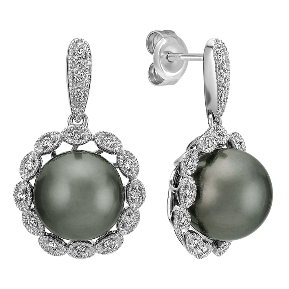 10mm Tahitian Cultured Pearl and Diamond Halo Earrings