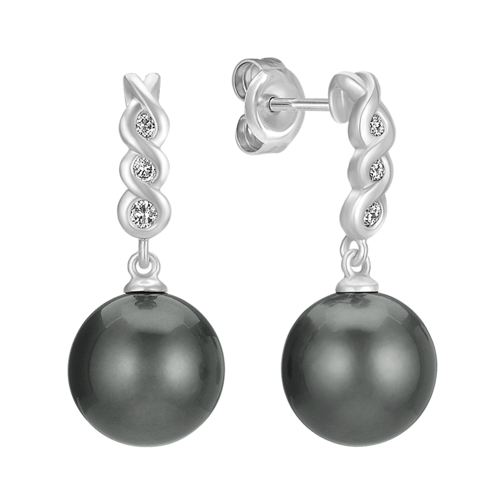 10mm Tahitian Cultured Pearl and Round Diamond Earrings