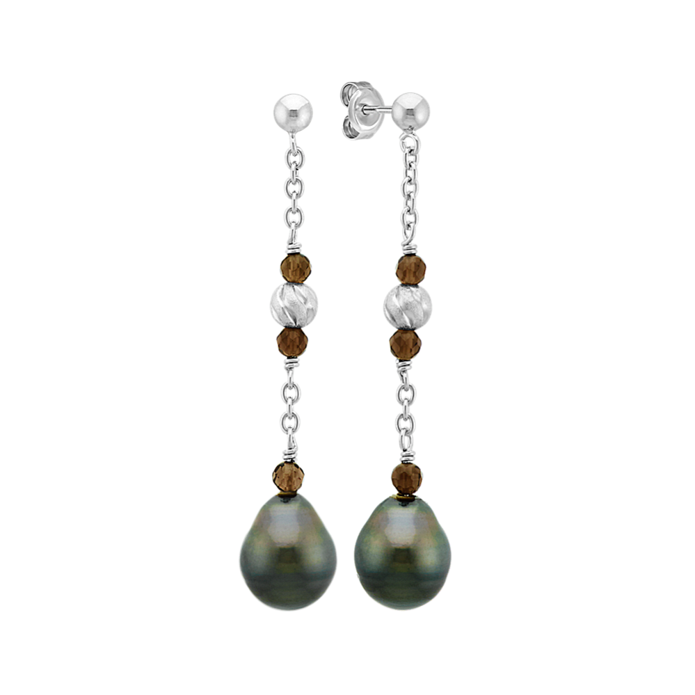 10mm Tahitian Cultured Pearl and SmokyQuartz Dangle Earrings