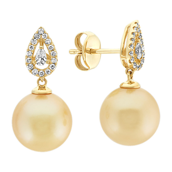 10mm Golden South Sea Pearl and Diamond Dangle Earrings