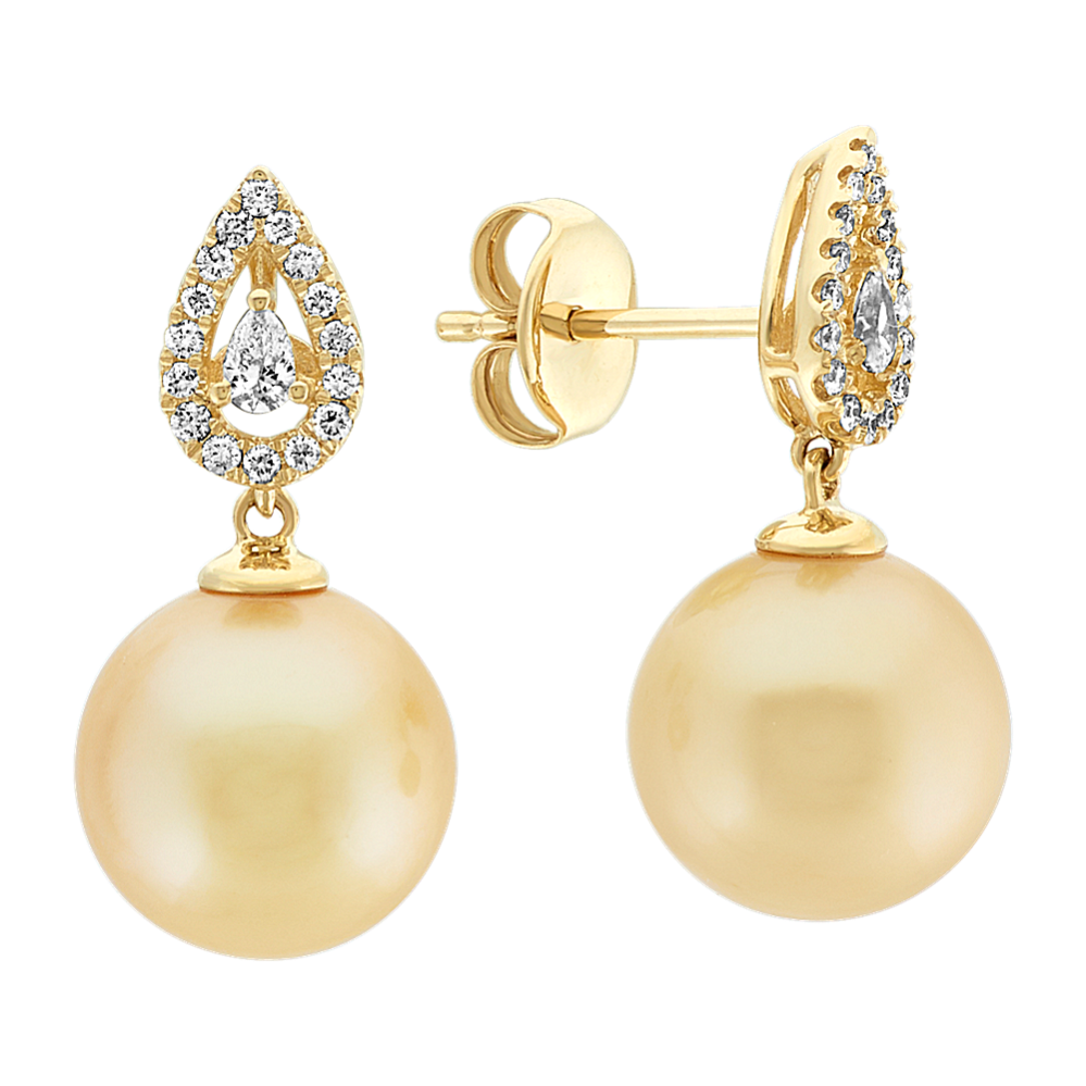 10mm Golden South Sea Cultured Pearl and Diamond Dangle Earrings