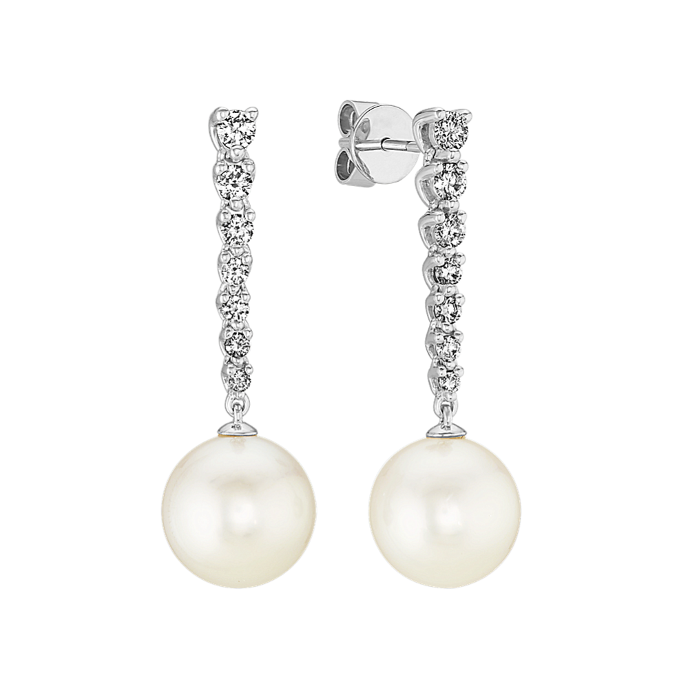 10mm South Sea Cultured Pearl and Diamond Dangle Earrings