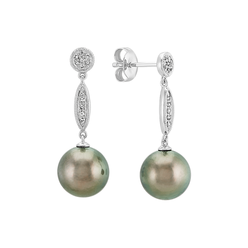 10mm Tahitian Cultured Pearl and Diamond Dangle Earrings