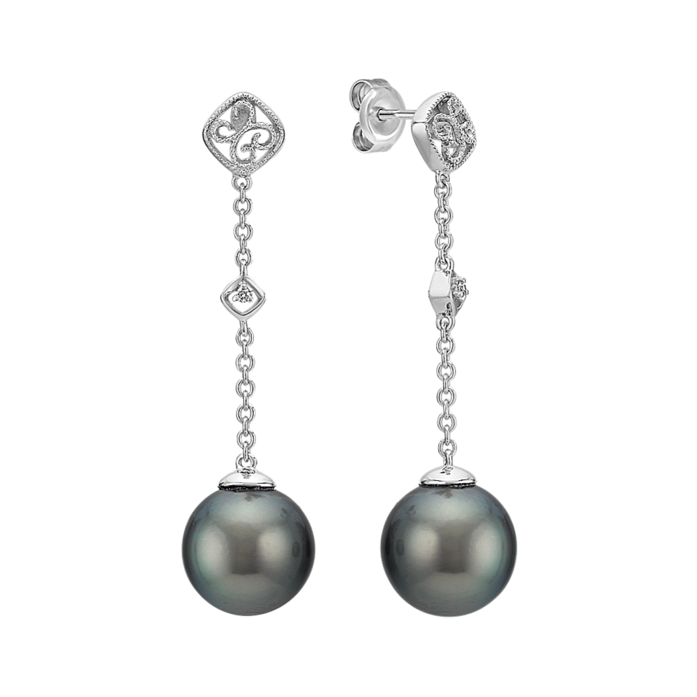 11mm Tahitian Cultured Pearl and Round Diamond Dangle Earrings