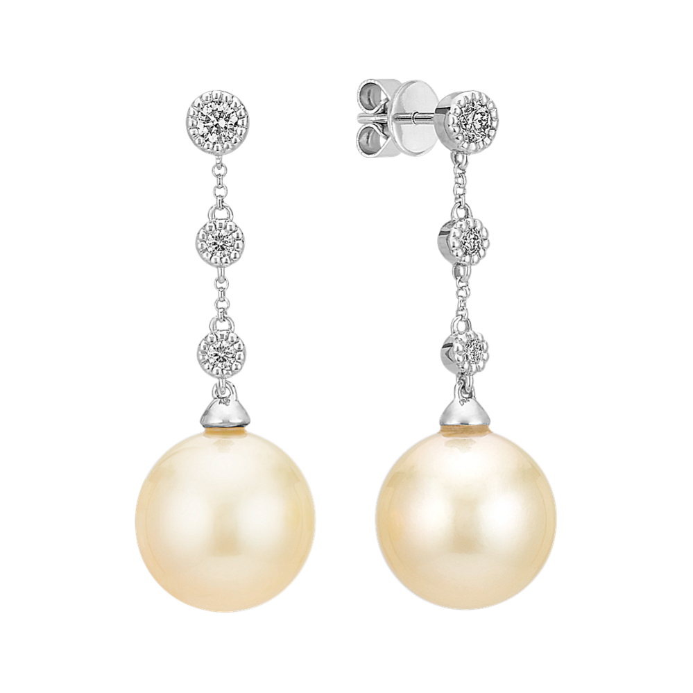 12mm Golden South Sea Cultured Pearl and Round Diamond Earrings