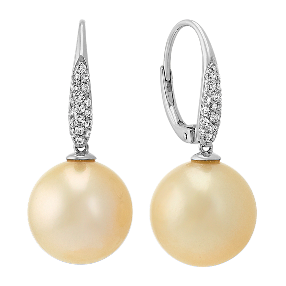 13mm Golden South Sea Cultured Pearl and Round Diamond Dangle Earrings