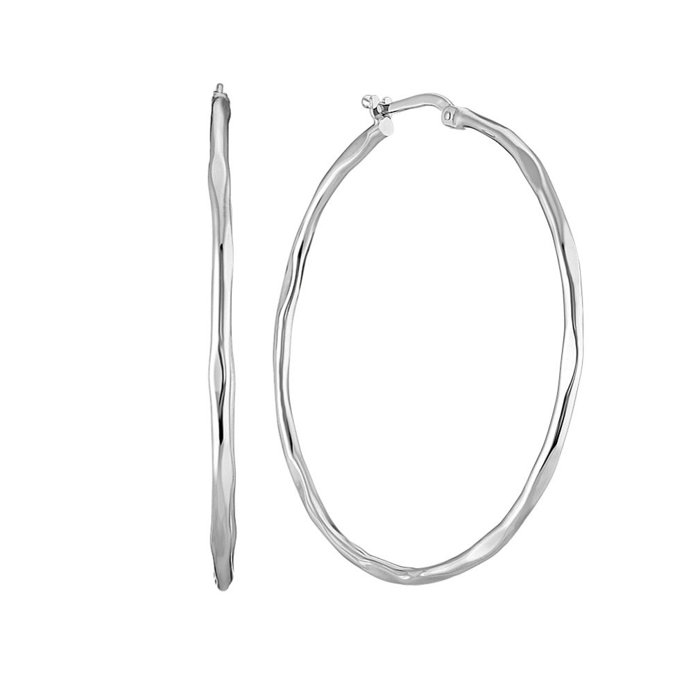 14k White Gold Hoop Earrings with Hammered Finish