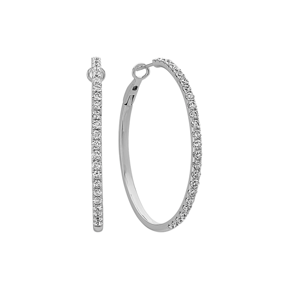14k White Gold Round Diamond Hoop Earrings