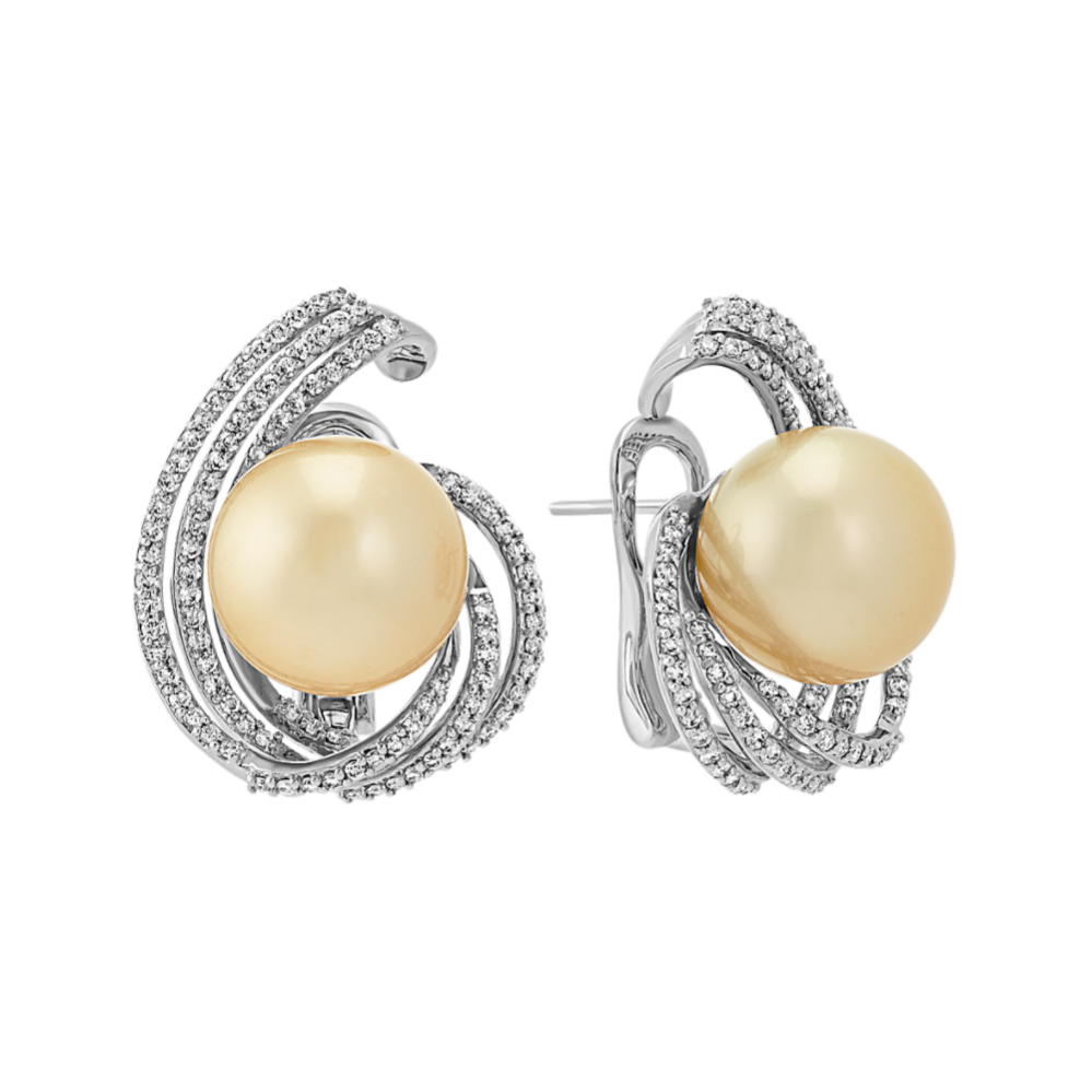 14mm Golden South Sea Cultured Pearl and Round Diamond Earrings