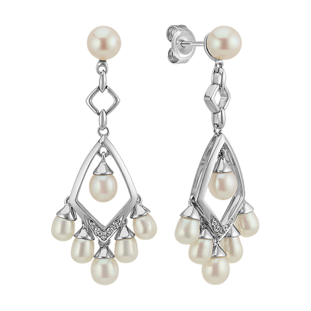 3.5-6mm Freshwater Cultured Pearl and Round Diamond Dangle Earrings