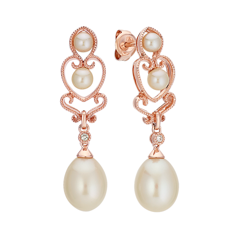 3.5-9mm Freshwater Cultured Pearl and Diamond Dangle Earrings in Rose Gold