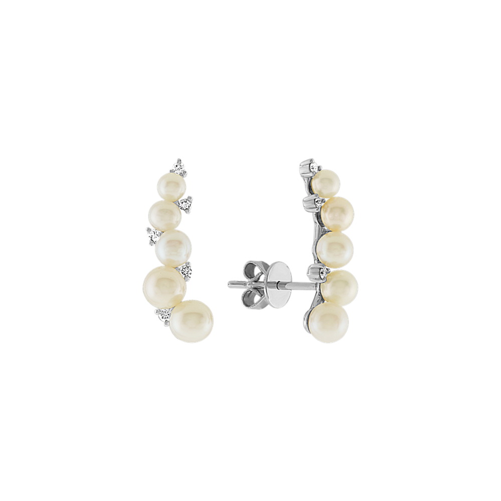 3.5mm Cultured Pearl and Diamond Cluster Climber Earrings