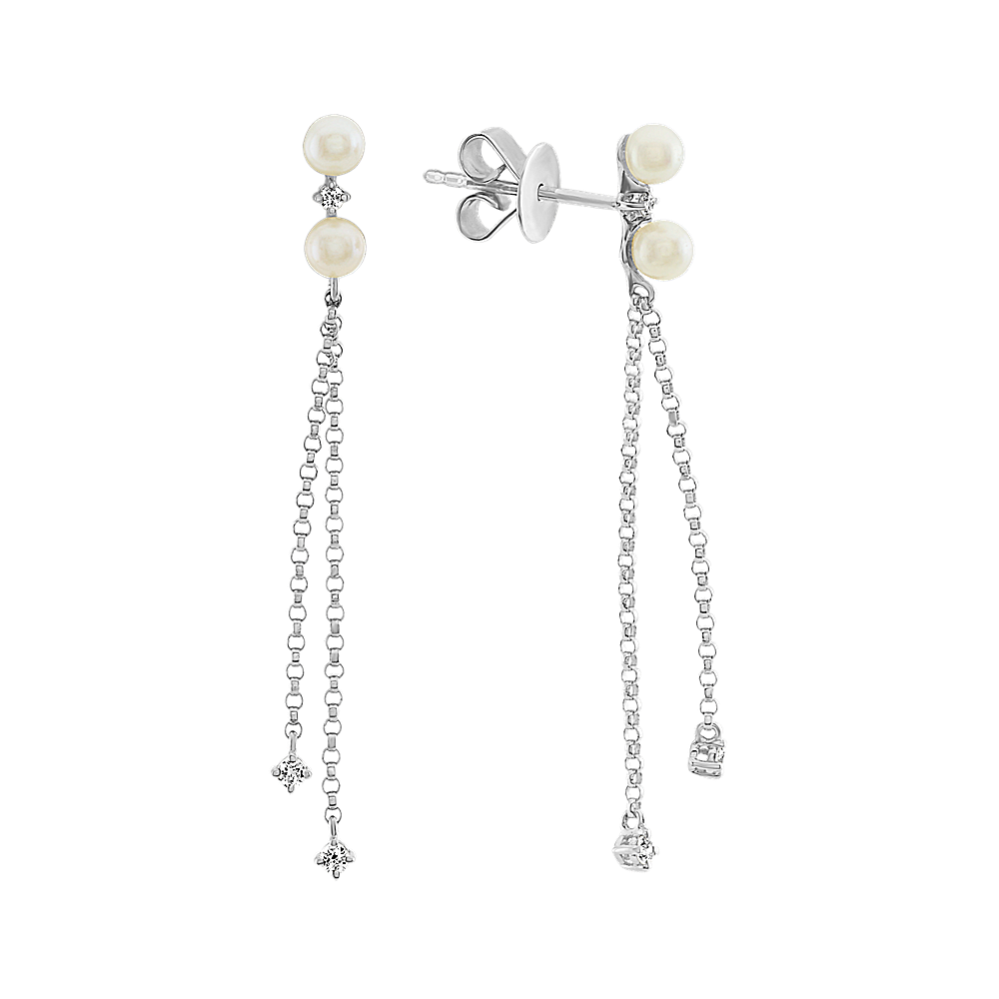 3mm Freshwater Cultured Pearl and Diamond Dangle Earrings