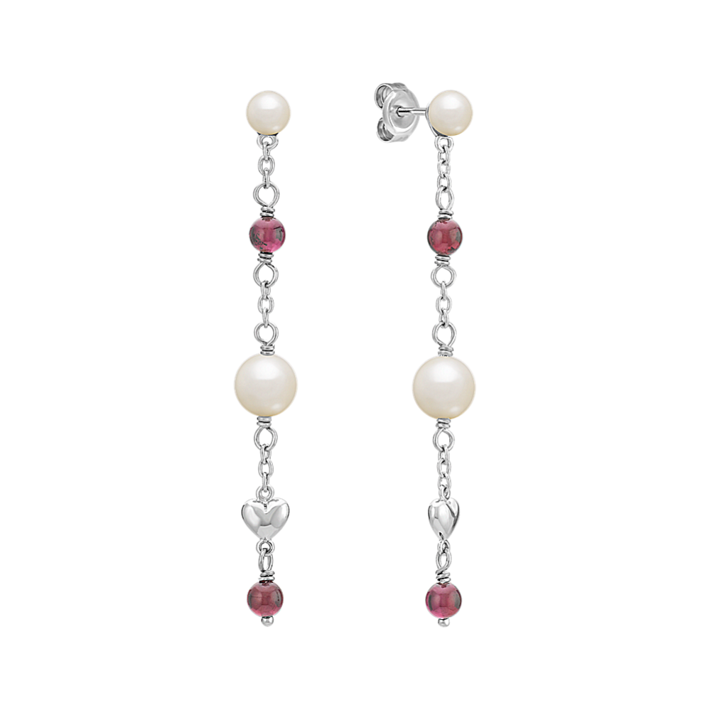 4.5-6.5mm Freshwater Cultured Pearl and Garnet Earrings in Sterling Silver