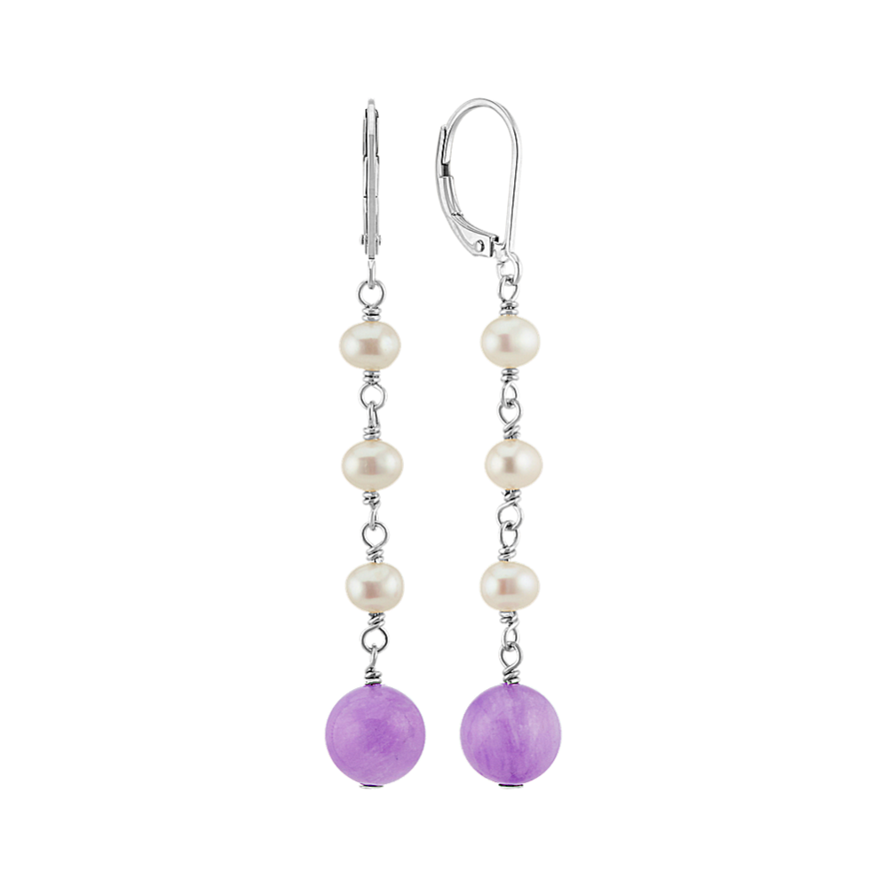 4mm Freshwater Cultured Pearl and 8mm Amethyst Leverback Earrings
