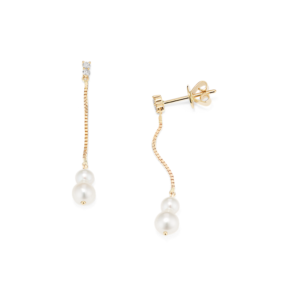 4mm Freshwater Pearl and Natural Diamond Dangle Earrings