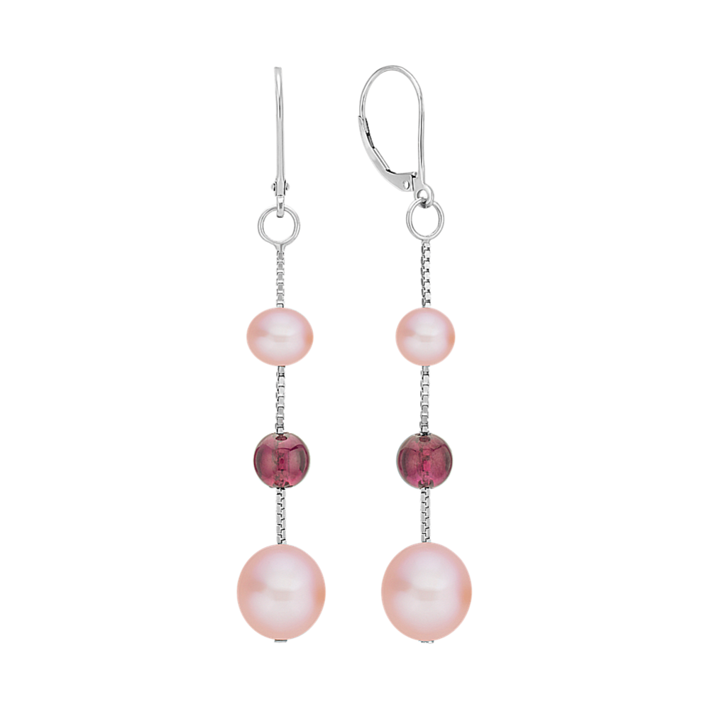5.5-9mm Pink Freshwater Cultured Pearl and Garnet Red Velvet Earrings