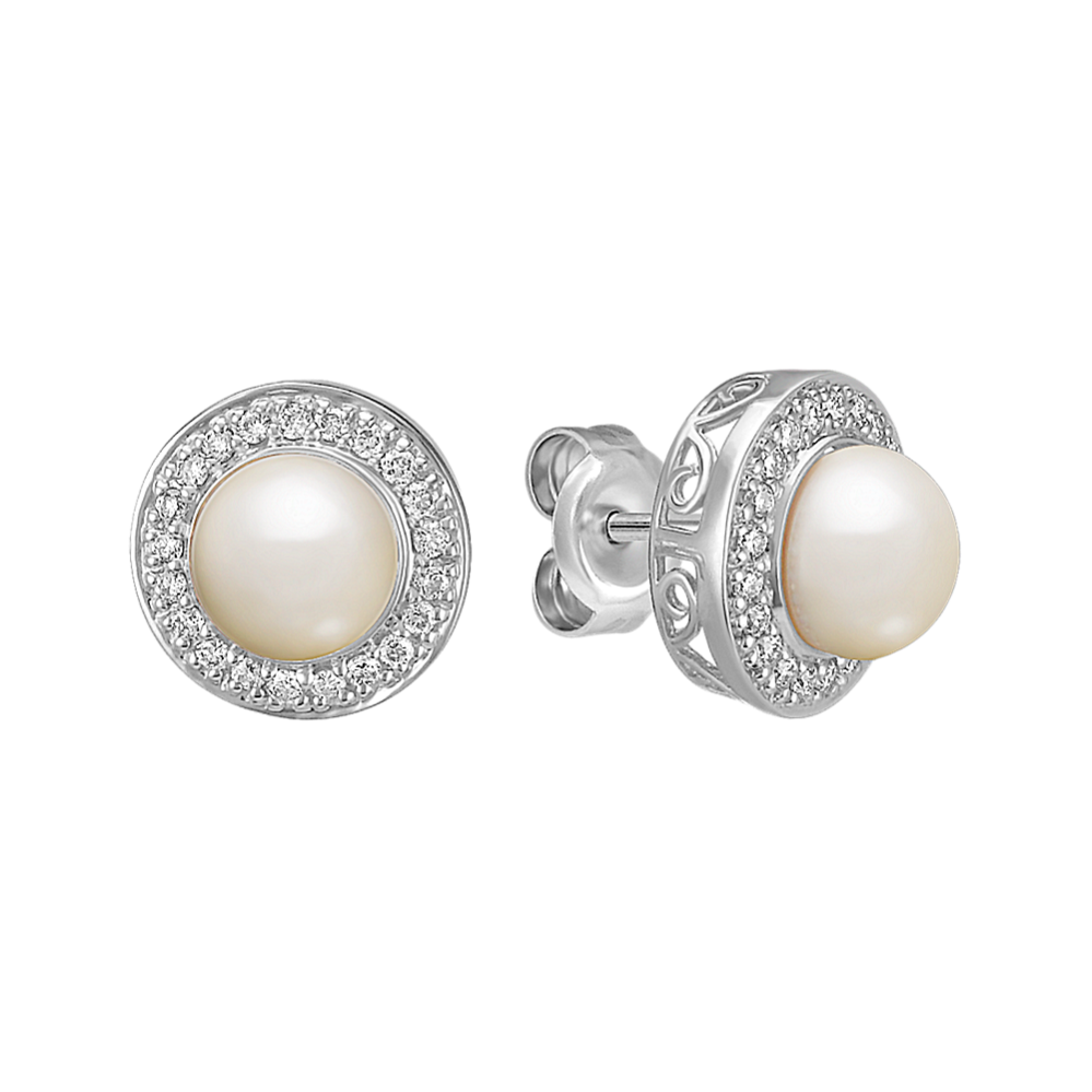 5.5mm Freshwater Cultured Pearl and Round Diamond Earrings