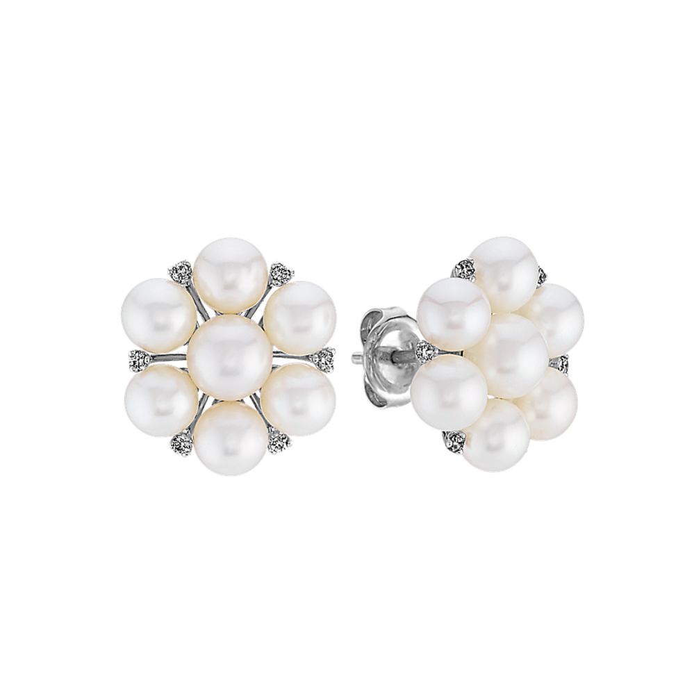 5mm Freshwater Cultured Pearl and Diamond Cluster Earrings