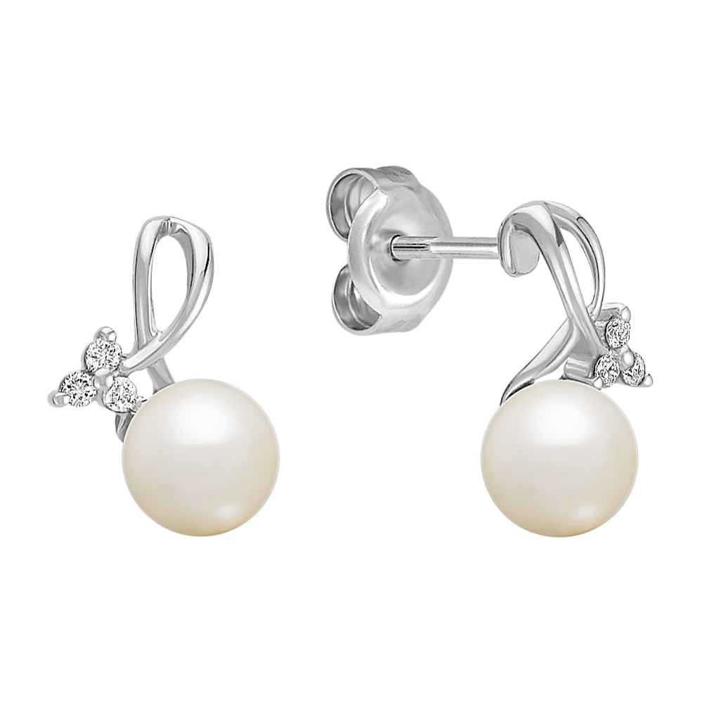 5mm Freshwater Cultured Pearl and Diamond Earrings in Sterling Silver