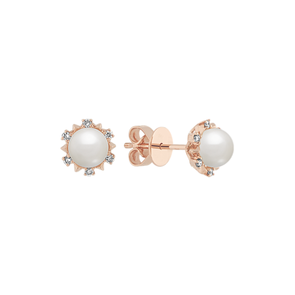 5mm Pearl and Diamond Earrings in 14k Rose Gold