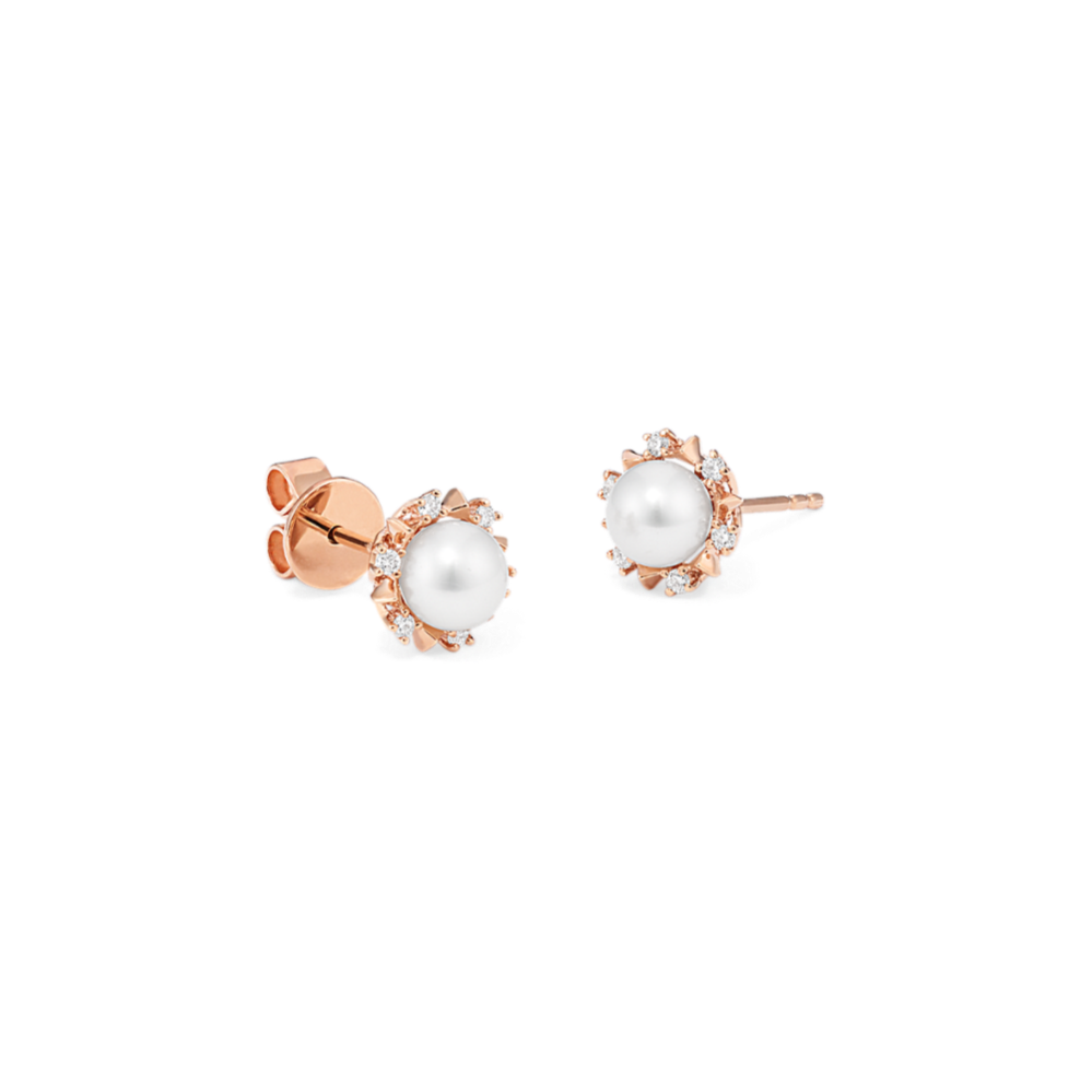 5mm Pearl and Diamond Earrings in 14k Rose Gold