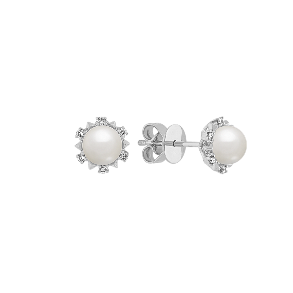 5mm Pearl and Natural Diamond Earrings in 14k White Gold | Shane Co.
