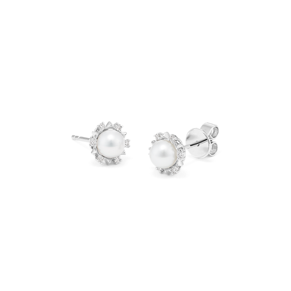 5mm Pearl and Diamond Earrings in 14k White Gold