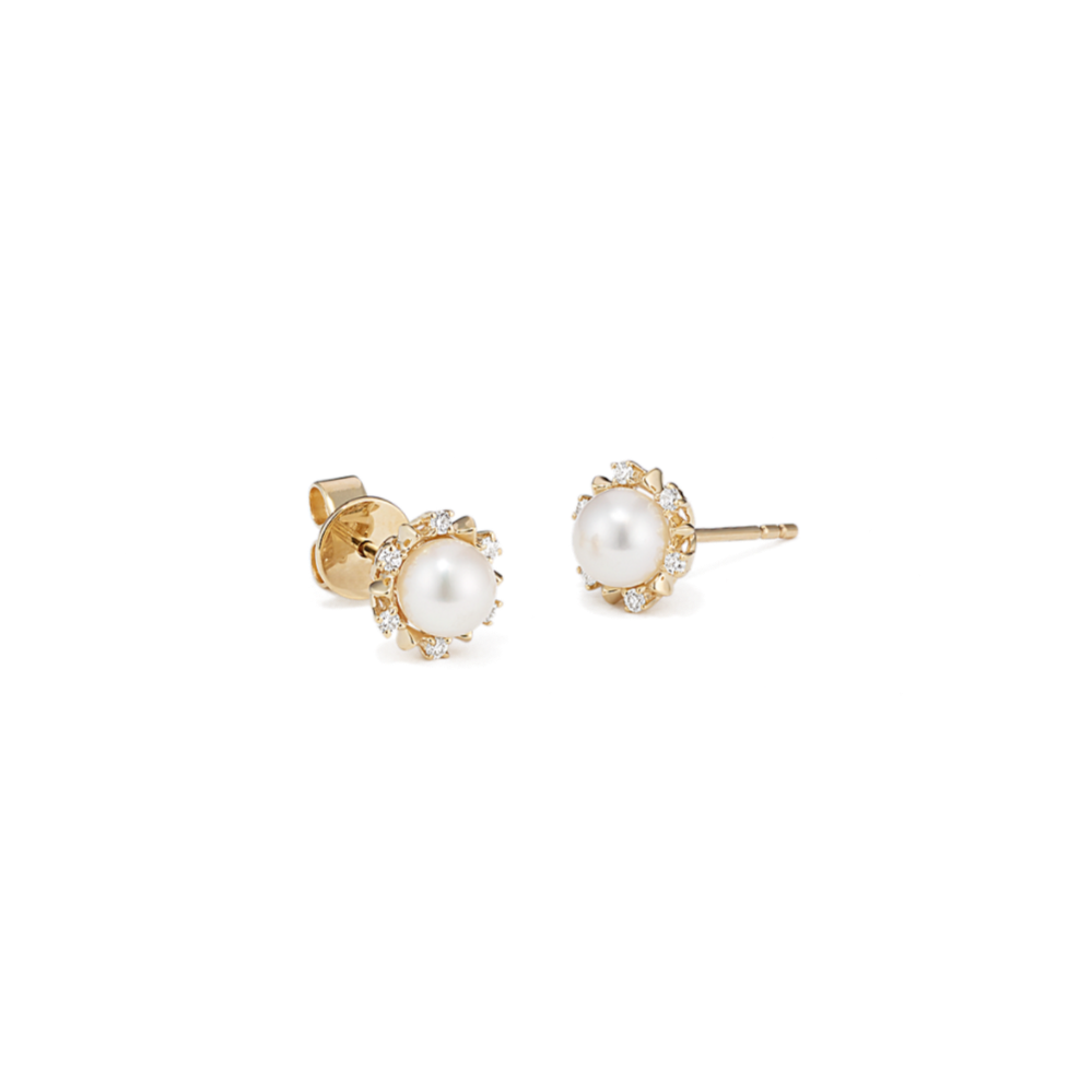 5mm Pearl and Diamond Earrings in 14k Yellow Gold