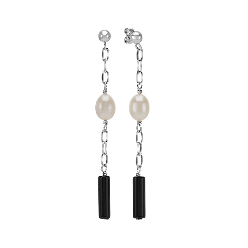 6-7mm Freshwater Cultured Pearl and BlackAgate Dangle Earrings