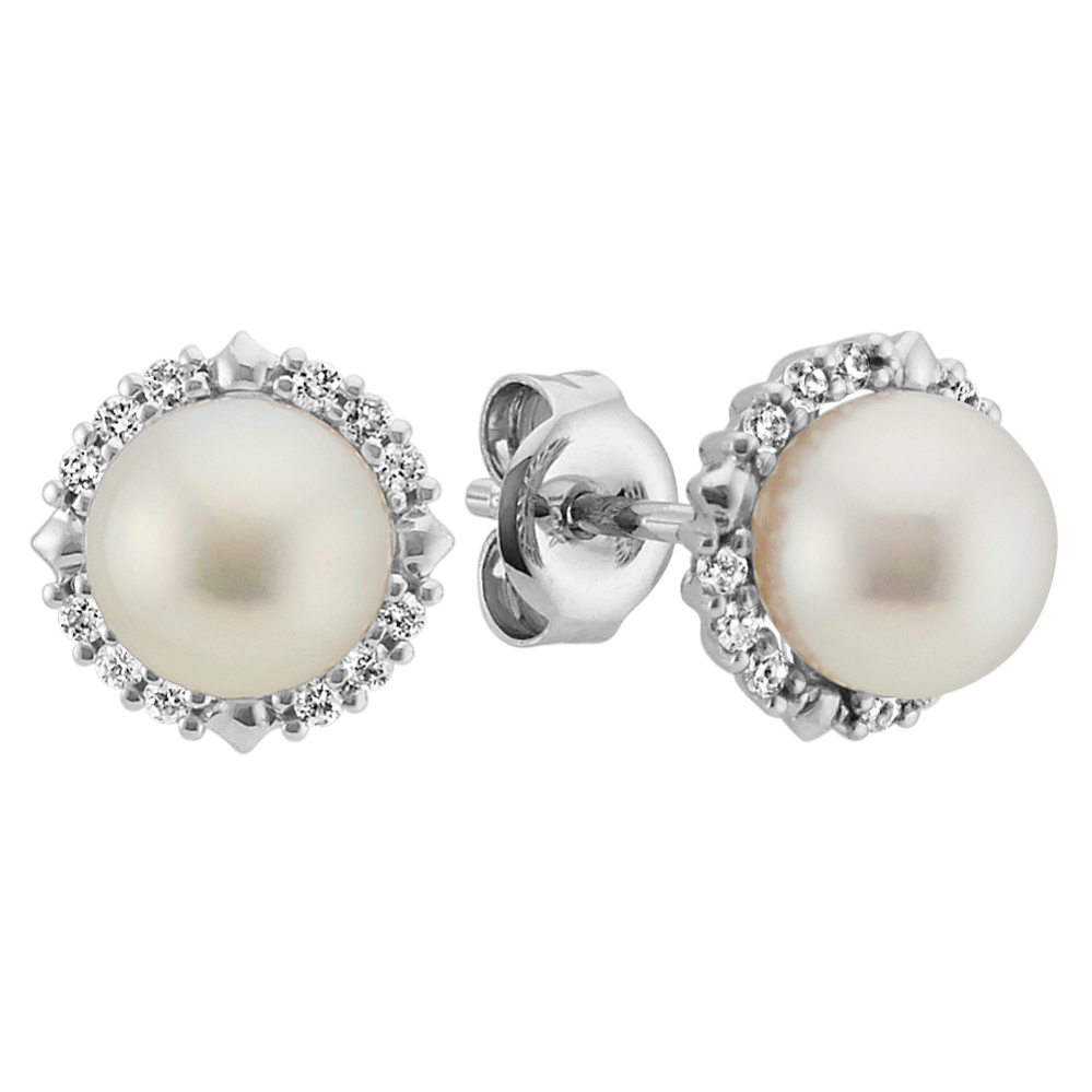 6.5mm Akoya Cultured Pearl Earrings with Round Diamond Halo