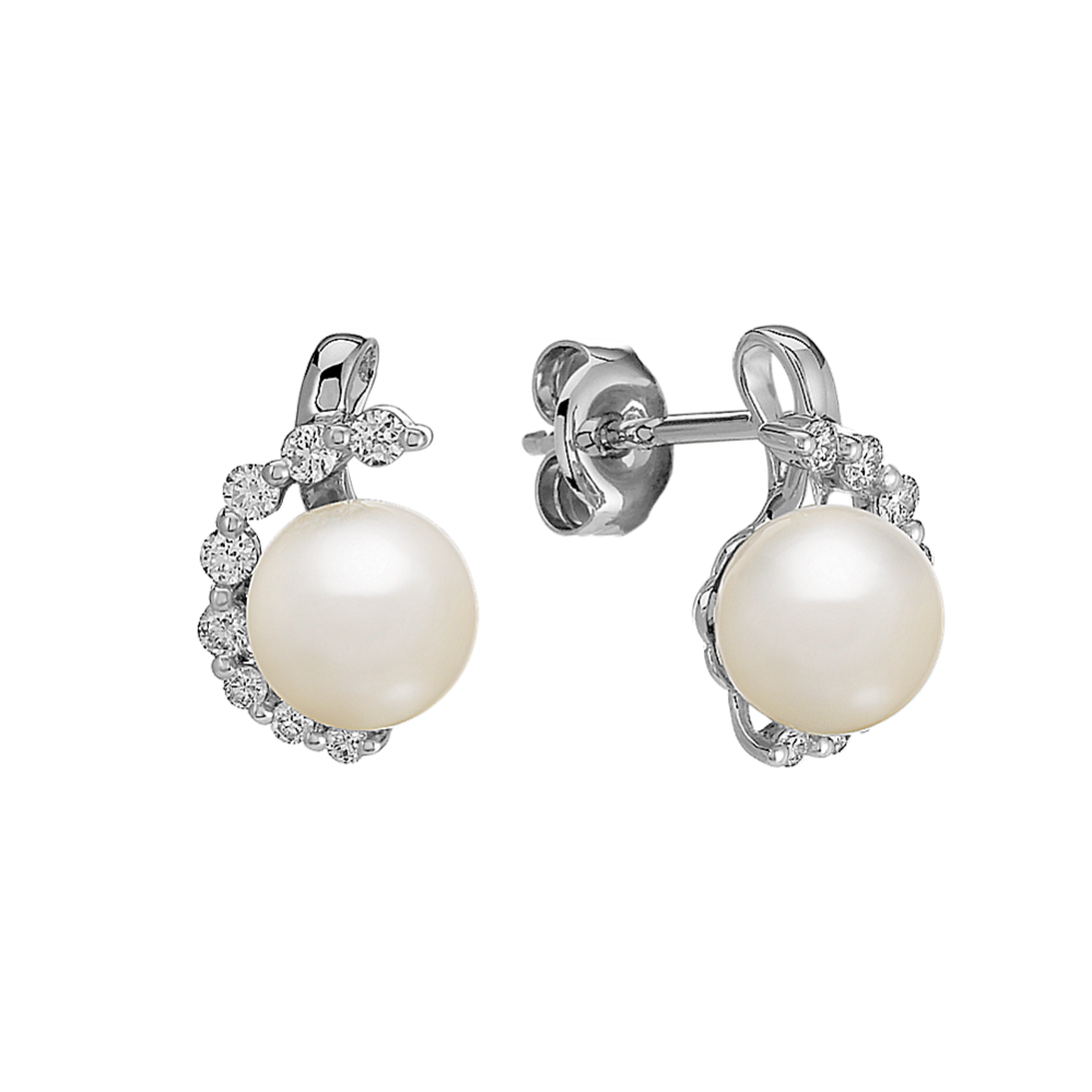 6.5mm Akoya Cultured Pearl and Round Diamond Earrings