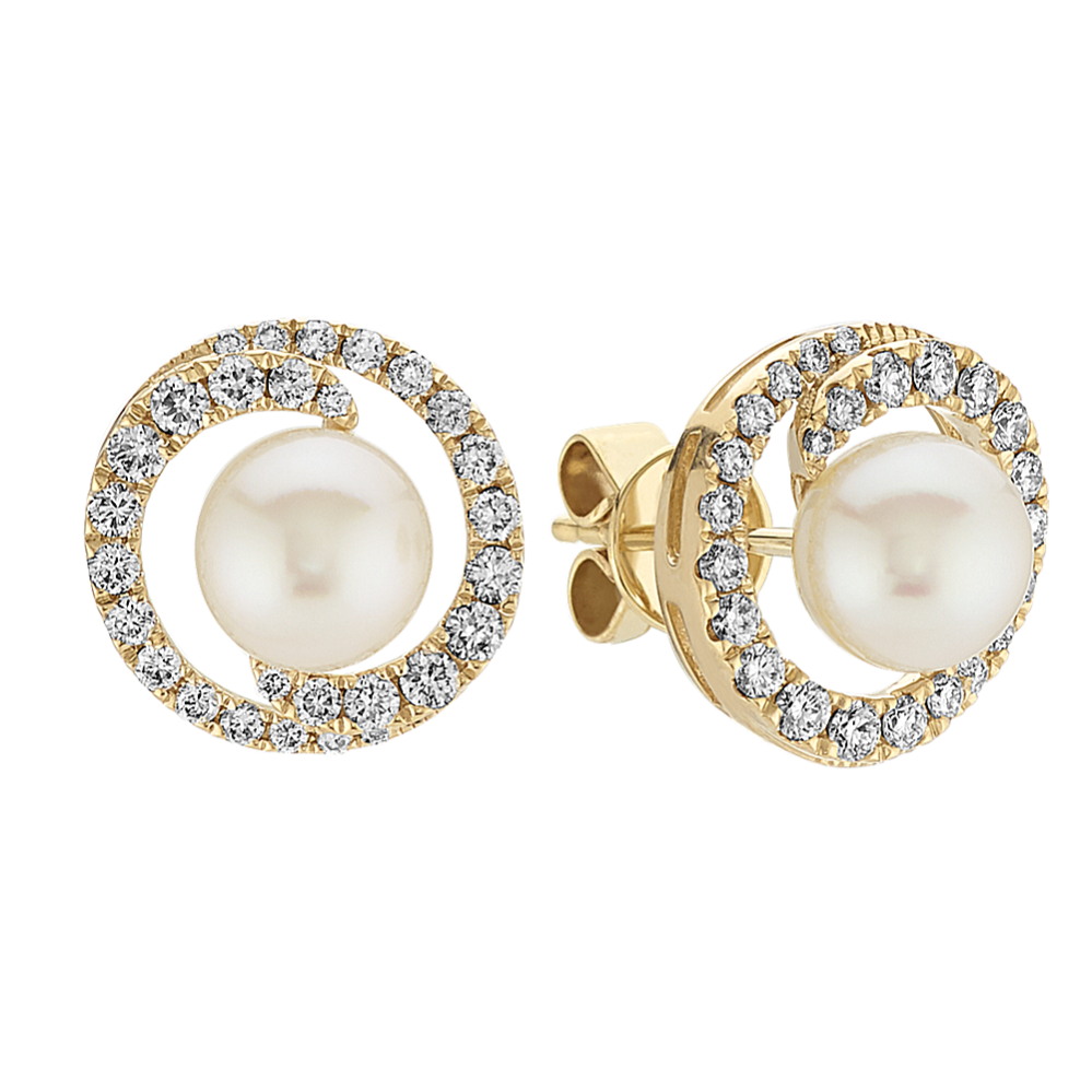 6mm Akoya Cultured Pearl and Diamond Earrings in 14k Yellow Gold