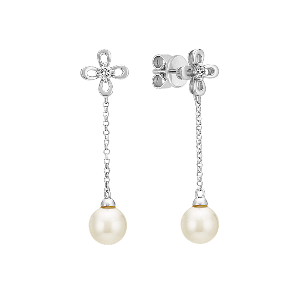 6mm Akoya Cultured Pearl and Diamond Dangle Earrings