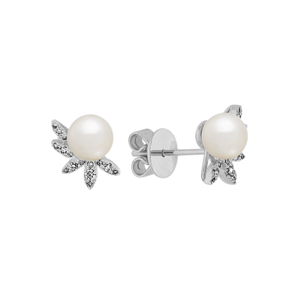 6mm Cultured Akoya Pearl and Diamond Leaf Earrings