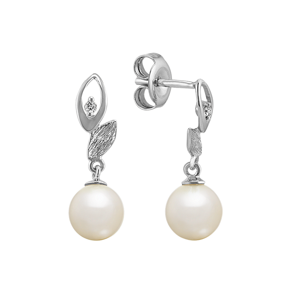 6mm Freshwater Cultured Pearl and Round Diamond Earrings