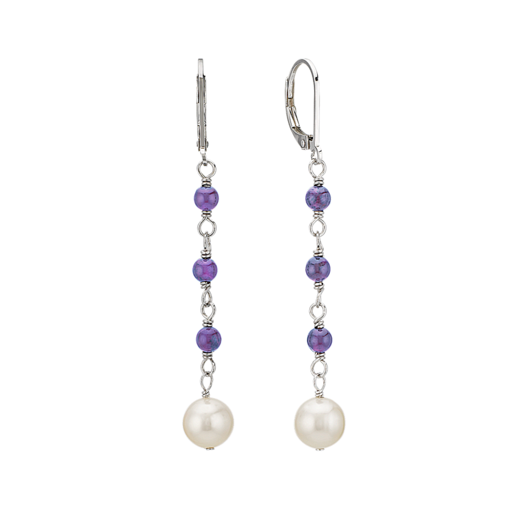 7-7.5mm Freshwater Cultured Pearl and 4mm Amethyst Bead Earrings