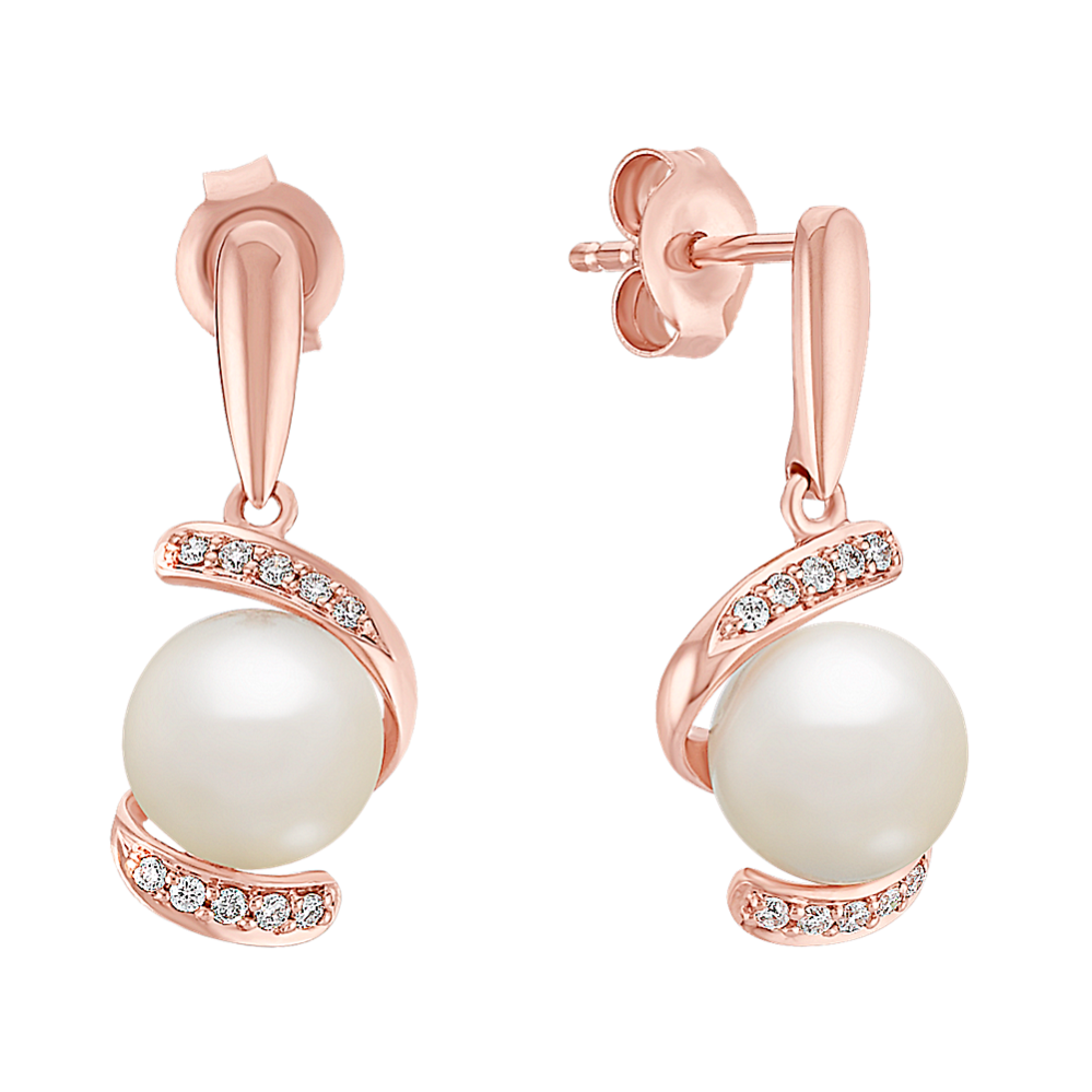 7.5mm Freshwater Cultured Pearl and Round Diamond Earrings in Rose Gold